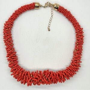 Coral Red Seed Bead Statement Necklace Cluster Strand Beach Vacation